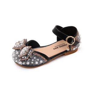 Élégantes sandales de princesse noires pour filles avec nœud en perles et strass