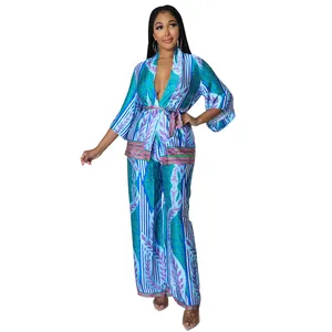 Women's two-piece faux silk printed set with kimono style top and wide leg pants