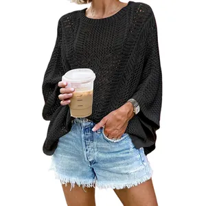 Loose fit black crochet knit mesh sweater cover-up for beach and casual vacation wear