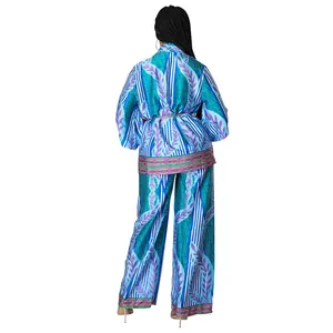 Back view of a vibrant blue printed imitation silk two-piece set with wide-leg pants