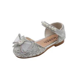 Sparkling silver girls princess flats with rhinestone bowknot and pearl strap detail