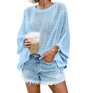 Close-up showing the intricate light blue mesh knit texture and oversized hollow out design