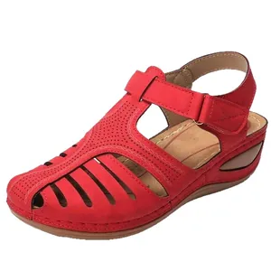 Sandalias de cuña rojas para mujer con punta cerrada y cierre de velcro ajustable