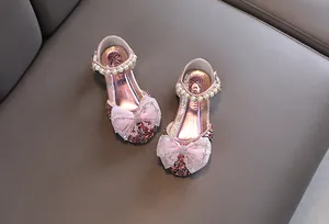 Rosa glitzernde Prinzessinnenschuhe für Mädchen mit Mesh-Schleife und Perlenband