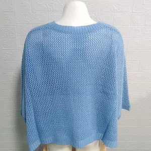Back view detail of light blue mesh knit beach cover-up with elegant hollow out design