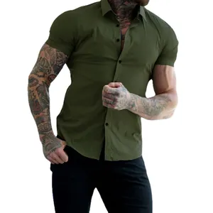 Premium muscle fit army green short sleeve button-down shirt for men fitness and casual wear