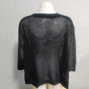 Back view of a black mesh knit hollow-out cover-up top showing the intricate texture.