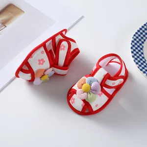 Close-up of soft-sole floral baby girl pre-walker sandals for summer