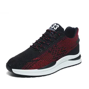 Men's breathable mesh running shoes with stylish red and black knit design and soft sole