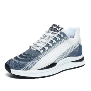 Men's breathable flyknit running shoes with soft sole and stylish white-blue design.