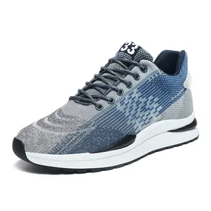 Men's stylish fly-knit mesh running sneakers with soft sole, grey and blue design