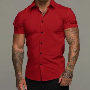 Premium slim fit red muscle stretch shirt for men with short sleeves and black buttons