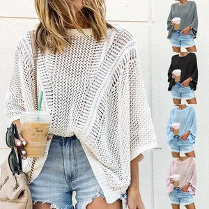 Women Sexy Hollow Out Mesh Knit Beach Cover Up Loose Batwing Sleeve Round Neck Pullover Top Acrylic Vacation Knitwear