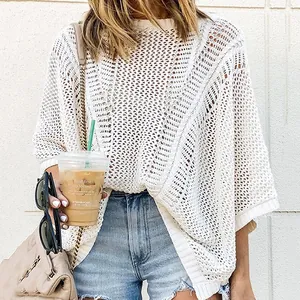 Oversized white crochet mesh knit hollow out beach bikini cover-up sweater for women