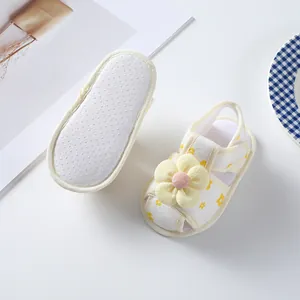 Detailed view of baby girl walking shoes with soft non-slip sole and plush flower decoration
