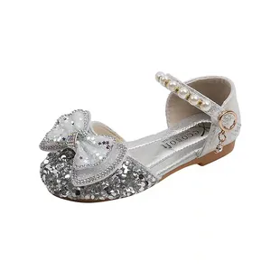Sparkling silver sequin princess shoes for girls with glitter bow and elegant pearl strap