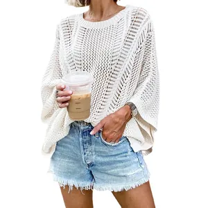 Stylish white crochet mesh knit cover-up top for beach resort and casual summer wear