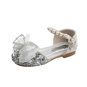 Silberne Glitzer-Prinzessinenschuhe für Mädchen mit großer Schleife und Perlen