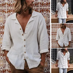 Herren Casual Baumwolle Crinkle Hemd Lockere Passform Kubanischer Kragen Langarm Einfarbig Atmungsaktiv Cardigan Top