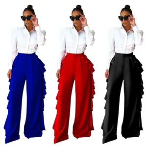 Pantalones de Pierna Ancha con Volantes de Talle Alto para Mujer Estilo Europeo Color Sólido Pantalones Rectos Casuales para Mujer Parte Inferior