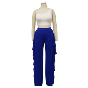 Pantalones azules elegantes de cintura alta y pierna ancha con volantes laterales mujer