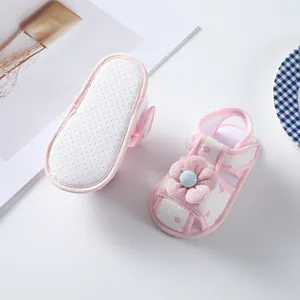 Detailed close-up of pink baby girl floral sandals featuring a non-slip soft fabric sole.