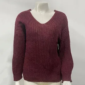 Detailed view of women's burgundy V-neck knit sweater with thick textured stitching