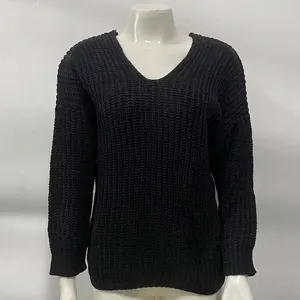 Macro detail showing the high-quality chunky ribbed knit of the black V-neck sweater