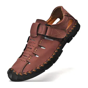Sandalias de cuero marrón cosidas a mano para hombre con aberturas y suela duradera