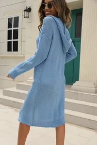 Detailed back view of a light blue long hooded knitted sweater dress in outdoor setting