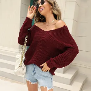 Chic burgundy V-neck long sleeve knit sweater for women's elegant commute fashion