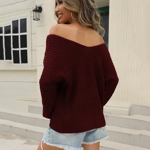 Women's burgundy oversized V-neck knit sweater with drop shoulder design