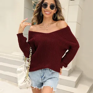 Stylish burgundy V-neck long sleeve knit sweater for women, perfect for a chic commuter look.