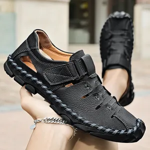 Sandalias de cuero negro para hombre cosidas a mano con diseño traspirable exterior