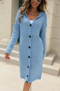 Close-up of long light blue knit hooded cardigan featuring black button-down front.