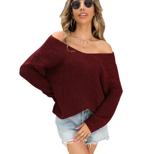 Stylish women's off-shoulder V-neck long sleeve burgundy chunky knit sweater for fall