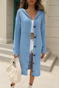 Long light blue knitted hooded cardigan for women with button closure