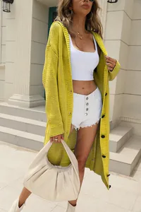 Stylish European long lime green hooded knitted cardigan for women, perfect for autumn winter
