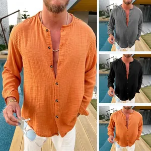 Men Loose Casual Long Sleeve Shirt Stand Collar Cotton Blend Crinkle Texture Solid Color Beach Vacation Top For Men