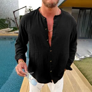 Detail view of men's loose casual crinkle long sleeve shirt with stand collar in black