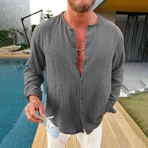 Detailed view of gray crinkle texture men's long sleeve relaxed fit casual shirt