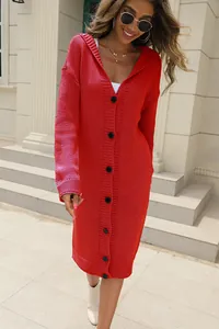 Detailed view of long red hooded knit cardigan with button-up design for women