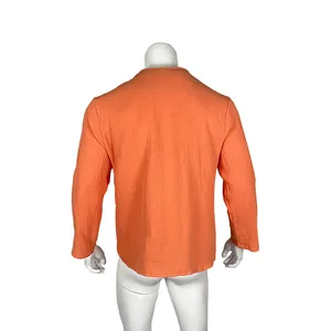 Back view of men's orange crinkle long sleeve shirt featuring a mandarin collar