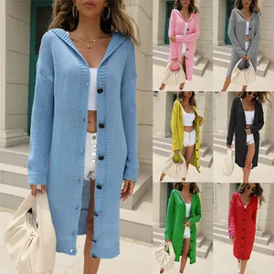 Women Long Hooded Knit Cardigan Autumn Winter Solid Color Loose Button Down Extra Long Knit Cardigan Sweater Top Jacket Outerwear