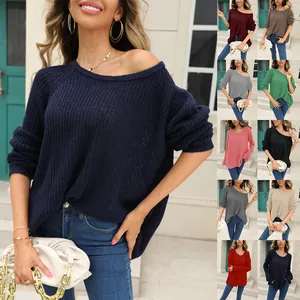 Women's Off-Shoulder Acrylic Knitted Sweater Solid Color Long Sleeve Top Casual Loose Pullover For Autumn Winter Fashion