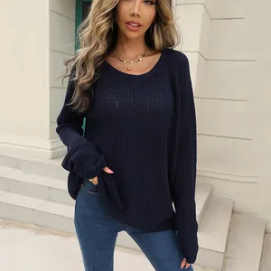 Stylish navy blue knit sweater with round neck for autumn and winter outdoor wear