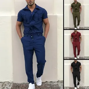 Collage of men's short sleeve utility jumpsuits in navy, olive, red, and black colors.