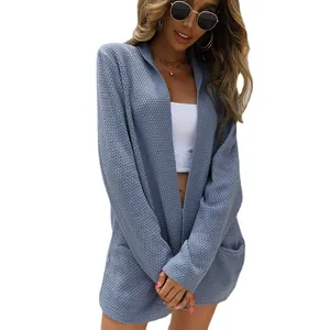 Women's cozy blue waffle knit oversized open front long sleeve cardigan with pockets