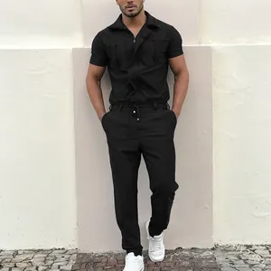 Full-length view of a men's black cargo jumpsuit featuring a drawstring waist and pockets
