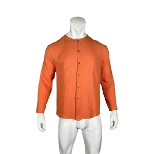 Men's loose crinkle gauze long-sleeve shirt with a mandarin collar in vibrant orange color